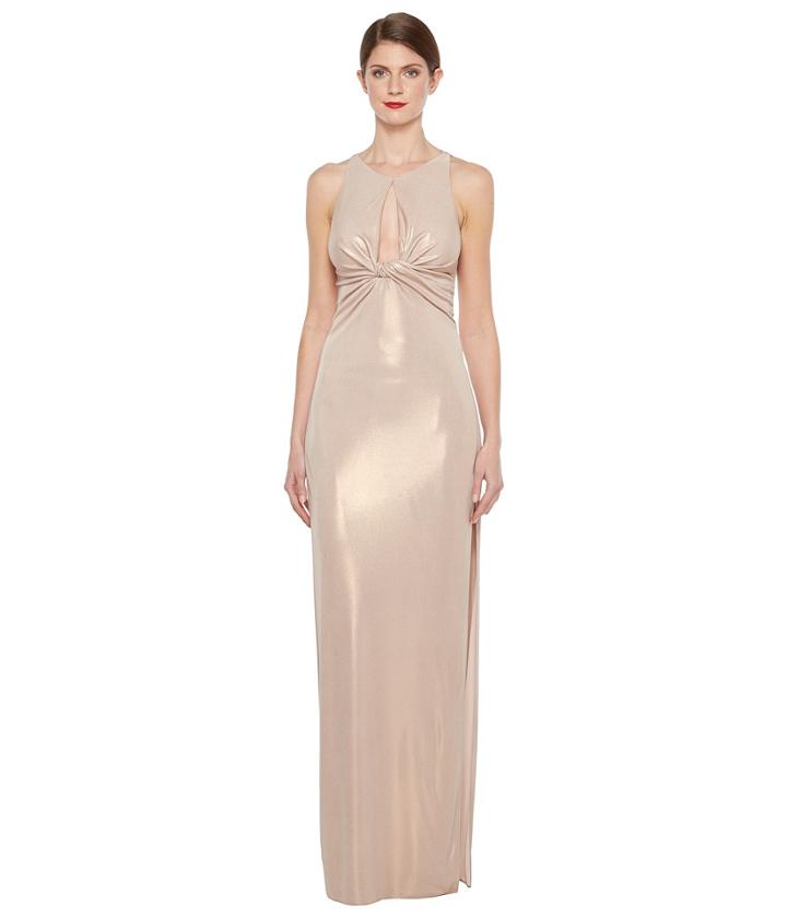 Halston Heritage - Sleeveless Round Neck Metallic Jersey Gown W/ Front Keyhole