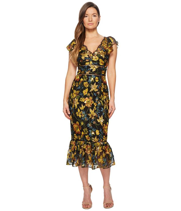 Marchesa Notte - Flutter Sleeve Thread Embroidered Cocktail Dress