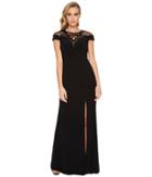 Adrianna Papell - Cap Sleeve Stretch Crepe Gown With Mock Neck And Beaded Illusion Detail