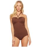 Michael Michael Kors - Iconic Solids Logo Ring Shirred One-piece Swimsuit W/ Removable Soft Cups Strap