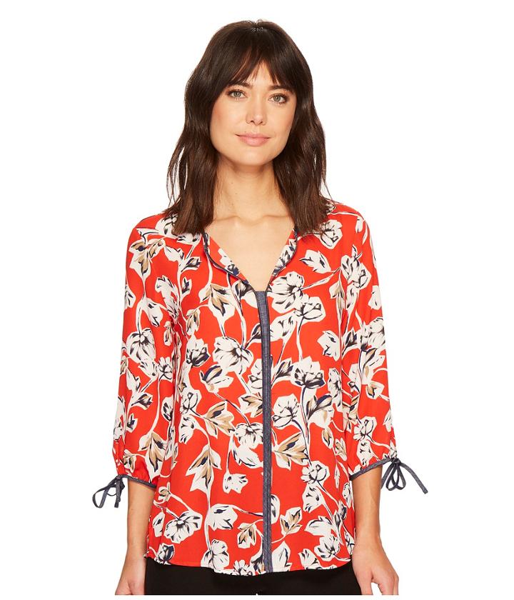 Ivanka Trump - Georgette Faux Denim Trim Printed Floral Blouse