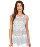 Dylan By True Grit - Chambray And White Embroidered Hi-lo Tank Top W/ Knit Back