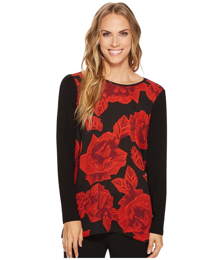 Vince Camuto - Long Sleeve Wood Block Floral Mix Media Top