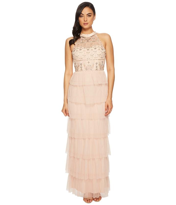 Adrianna Papell - Long Fuffle Boho Halter Gown With Beaded Bodice