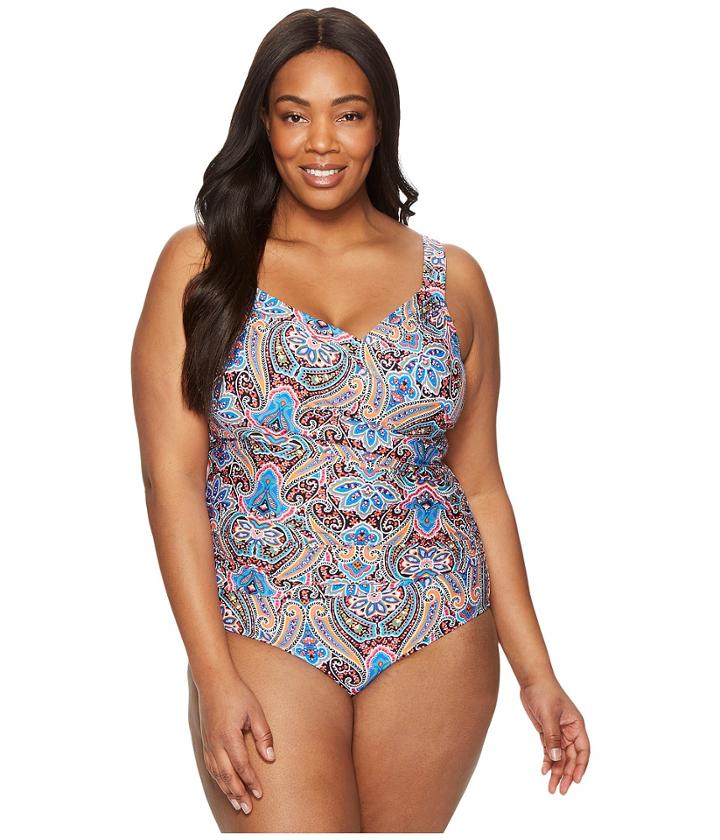 Jantzen - Plus Size Vibrant Paisley Draped Over The Shoulder Surplice One-piece
