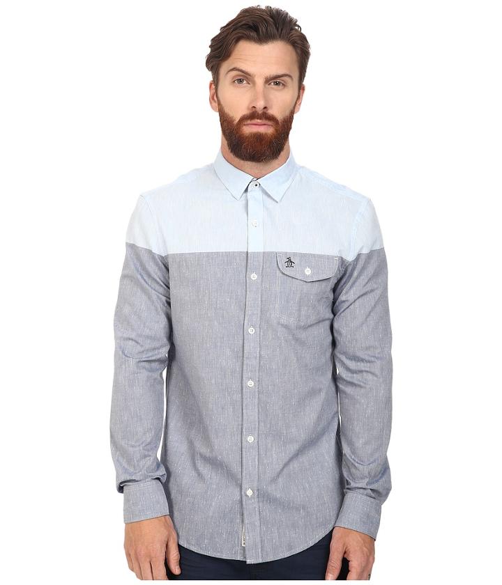 Original Penguin - Long Sleeve Color Block Nep Chambray