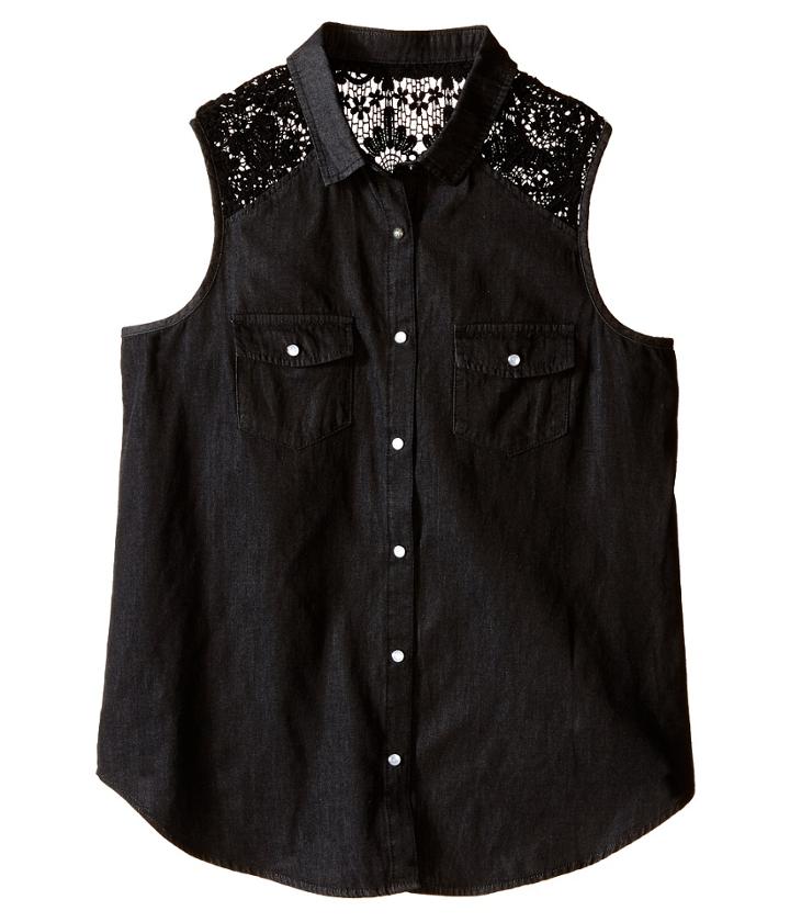 Ikks - Sleeveless Denim Blouse With Snap Front Crochet Lace Detail At Shoulder