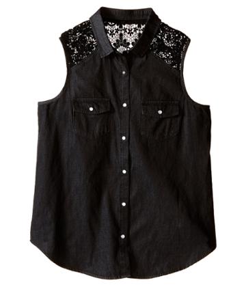 Ikks - Sleeveless Denim Blouse With Snap Front Crochet Lace Detail At Shoulder