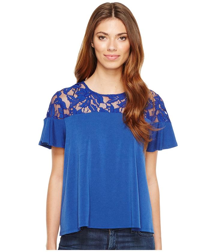 Cece - 3/4 Bell Sleeve Floral Lace Yoke Knit Top