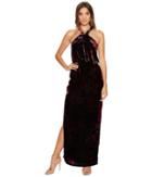 Aidan Mattox - Printed Velvet Halter Blouson Column Gown With Side Slit