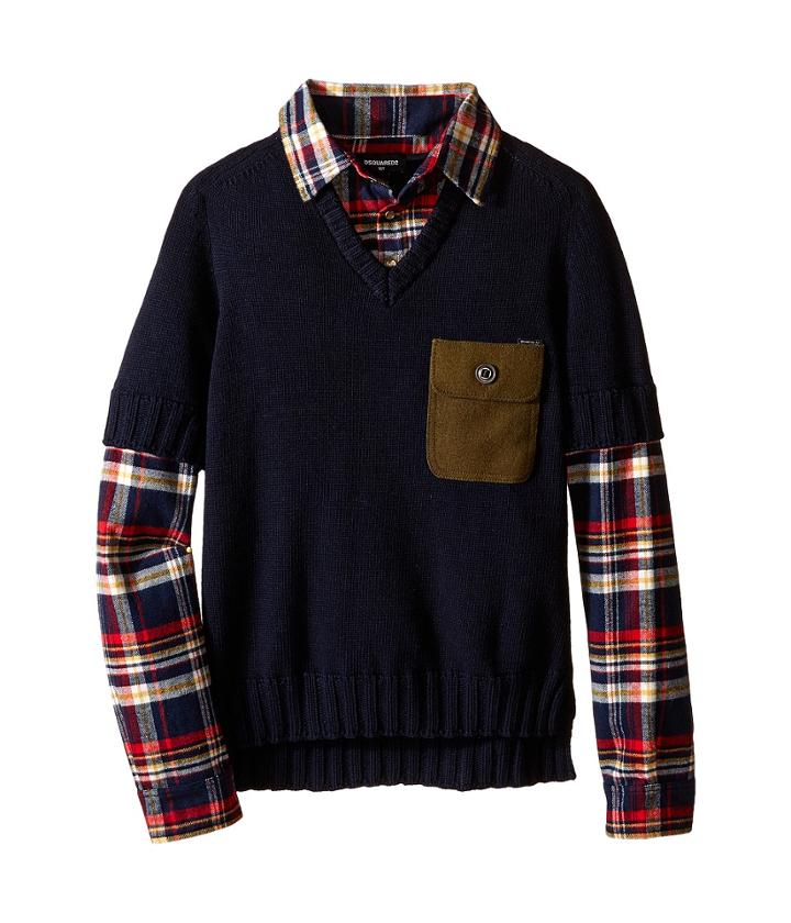 Dsquared2 Kids - 2-in-1 V-neck Pullover W/ Flannel Shirt