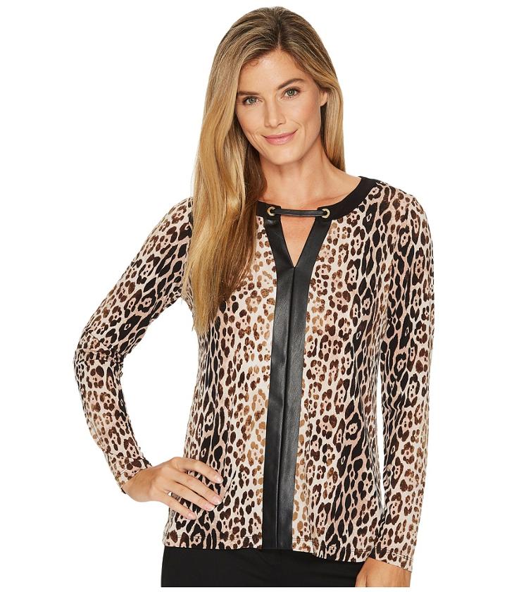 Calvin Klein - Long Sleeve Top With Faux Leather Placket