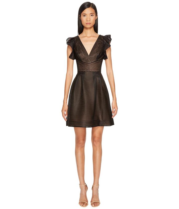 Marchesa Notte - Striped Neoprene V-neck A-line Cocktail Dress