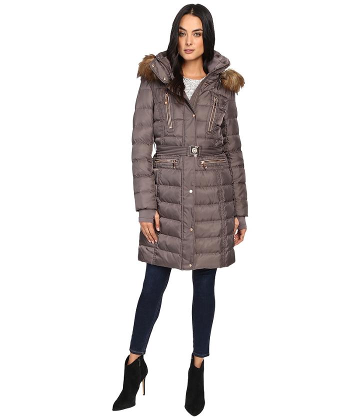 Vince Camuto - Belted Faux Fur Trim Wool Coat Removable Hood And Trim L1571