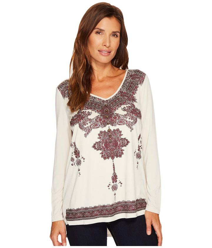 Tribal - Long Sleeve Knit Top W/ Printed Faux Suede Front