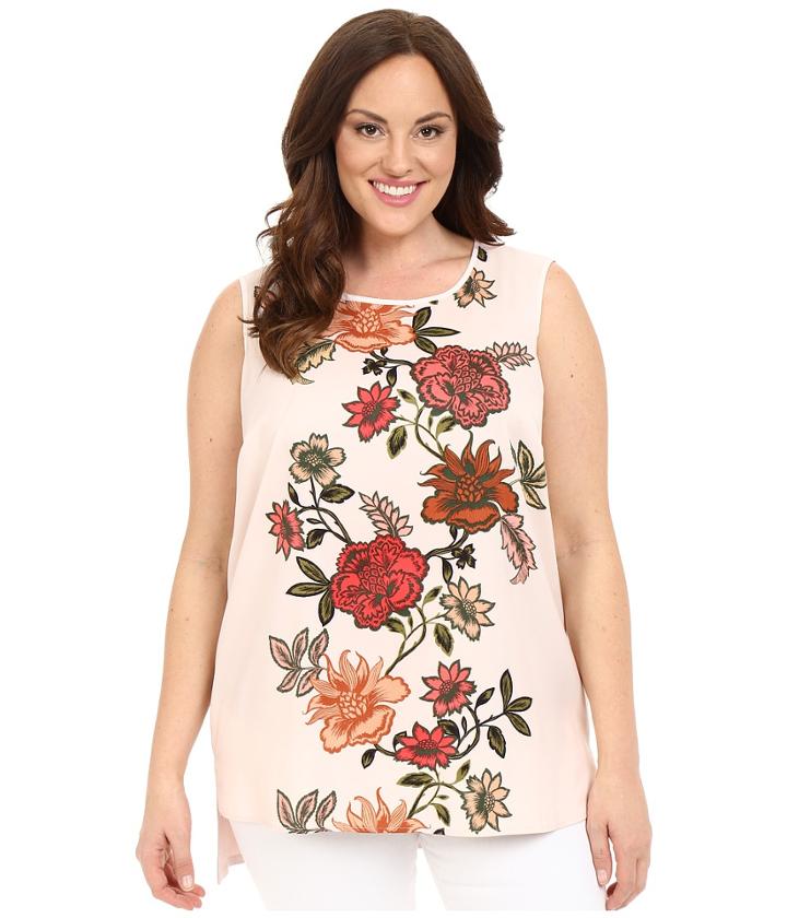 Vince Camuto Plus - Plus Size Sleeveless Top With Floral Portrait Woven Front