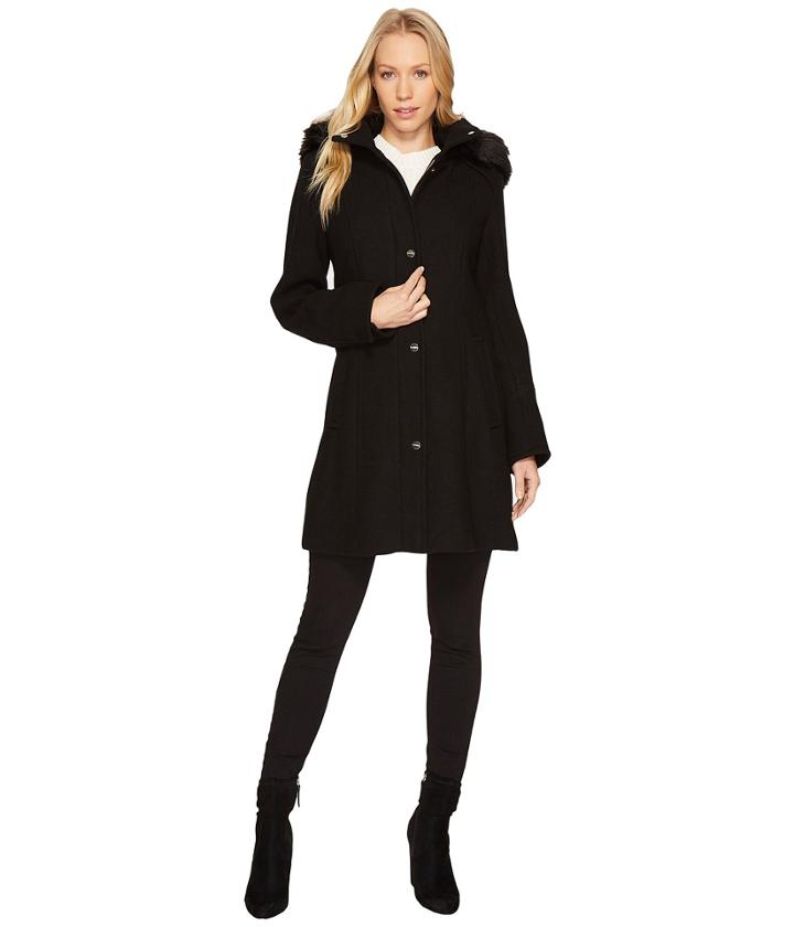 Calvin Klein - Wool Single Breasted With Removable Fur Trimmed Hood