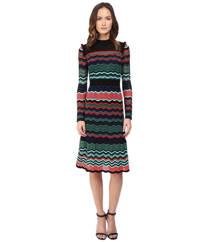 M Missoni - Colorful Ripple Stitch Long Sleeve Mid Length Dress W/ Ruffle Collar