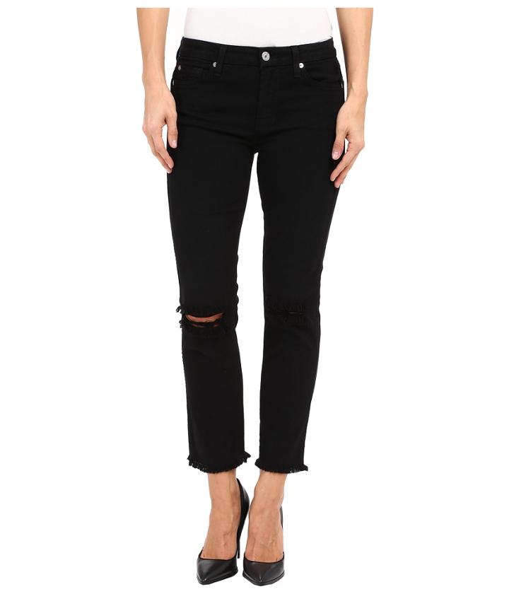 7 For All Mankind - Cropped High Waist Vintage Straight W/ Raw Hem Knee Holes In Black/holes