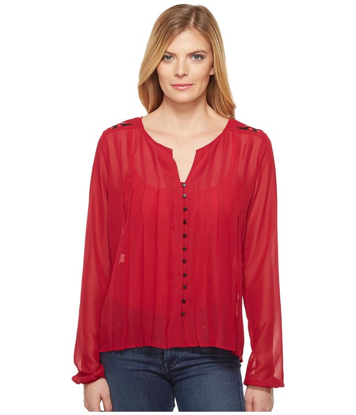 Cruel - Long Sleeve Pleated Blouse W/ Embroidery