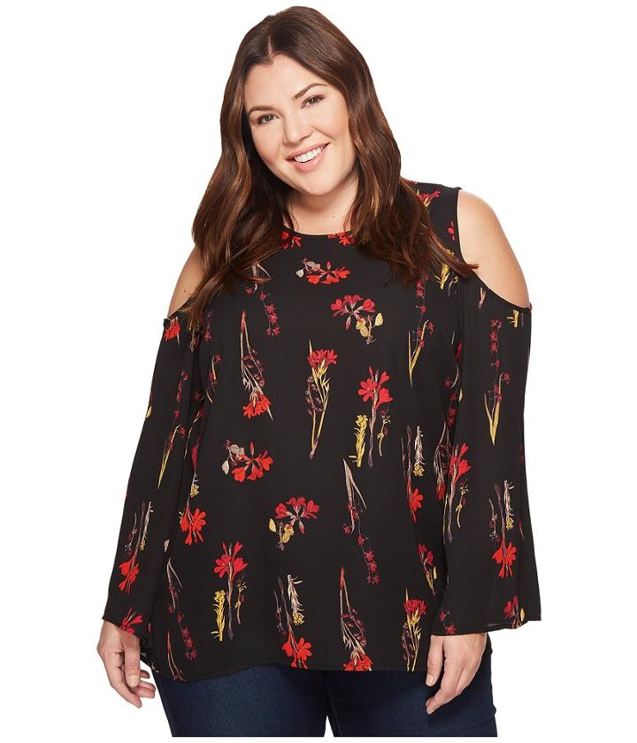 Vince Camuto Specialty Size - Plus Size Bell Sleeve Elegant Botanical Cold-shoulder Blouse