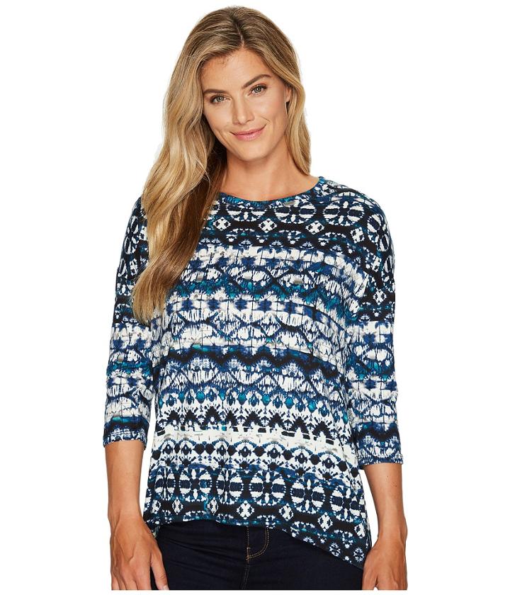 Tribal - 3/4 Sleeve Scoop Neck Printed Suede Knit Top