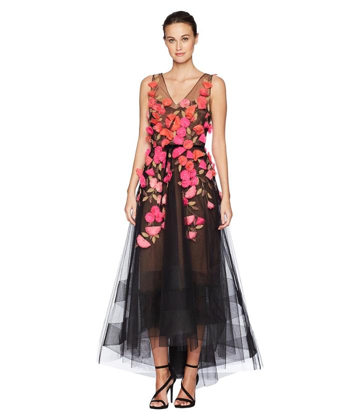 Marchesa Notte - Sleeveless V-neck Hi-lo Gown W/ 3d Degrade Flowers