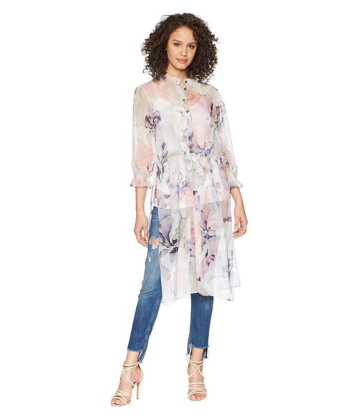 Vince Camuto - Long Sleeve Side Tie Diffused Bloom Long Tunic