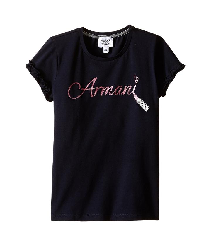 Armani Junior - Navy T-shirt With Ruffled Sleeves And Glitter Lipstick Logo