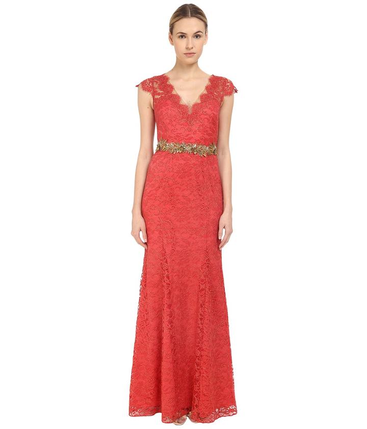 Marchesa Notte - Metallic Lace Gown W/ Beaded Belt