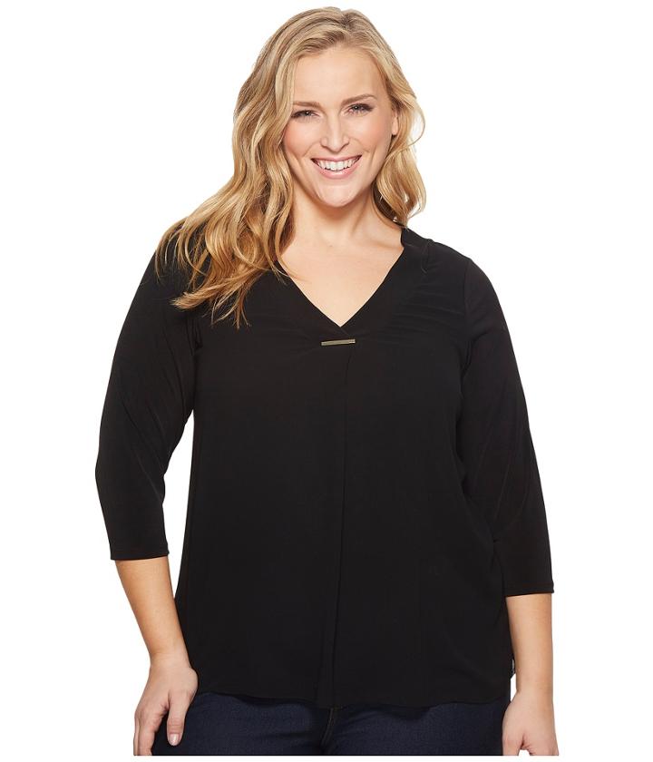 Calvin Klein Plus - Plus Size Long Sleeve V-neck Top W/ Bar