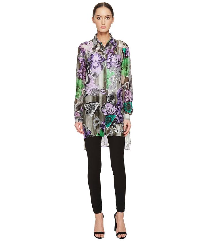 Versace Collection - Sheer Collared Printed Long Sleeve Blouse