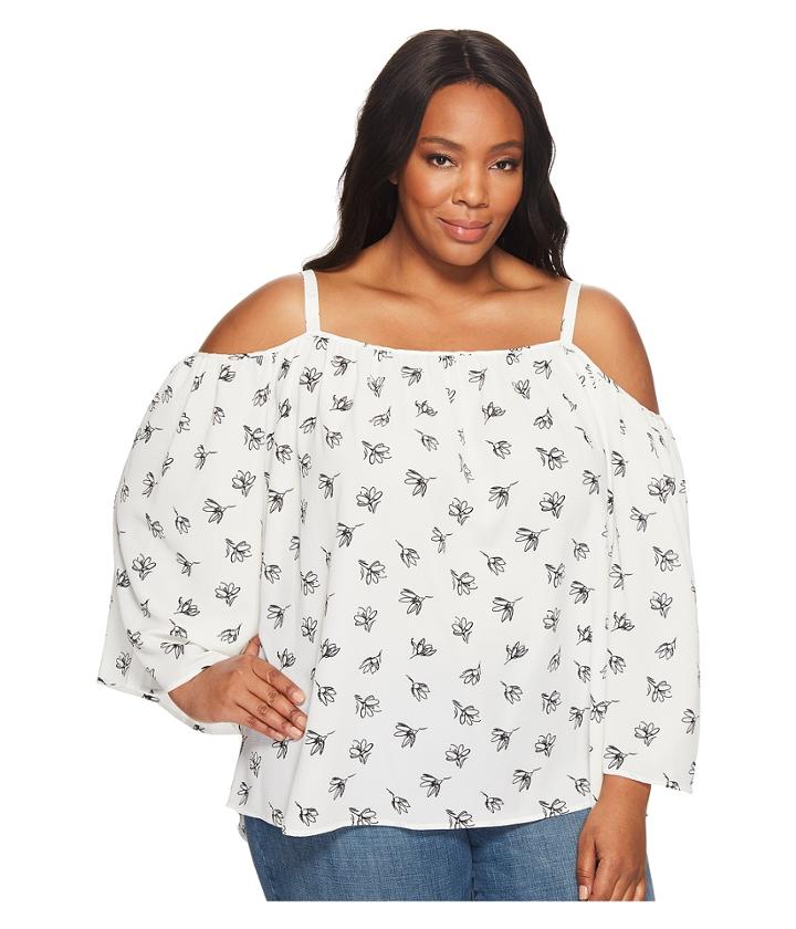 Vince Camuto Specialty Size - Plus Size Long Sleeve Fluent Flowers Cold Shoulder Blouse
