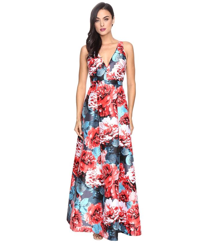 Adrianna Papell - Printed Jacquard Halter Deep V-neck Ball Gown