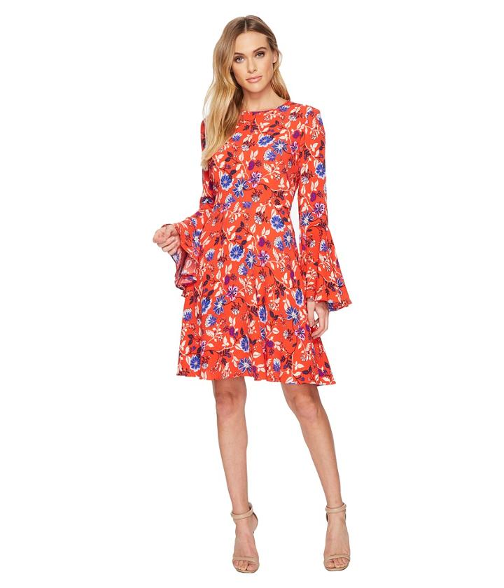 Donna Morgan - Jewel Neck Printed Rayon Fit And Flare W/ Bell Sleeve