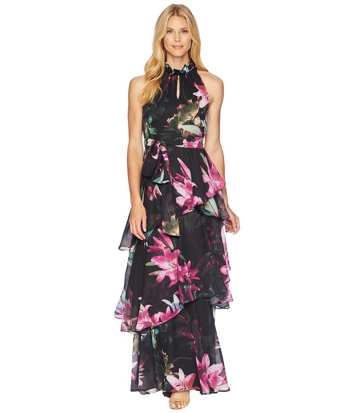 Tahari By Asl - Ruffle Neckline Tiered Gown