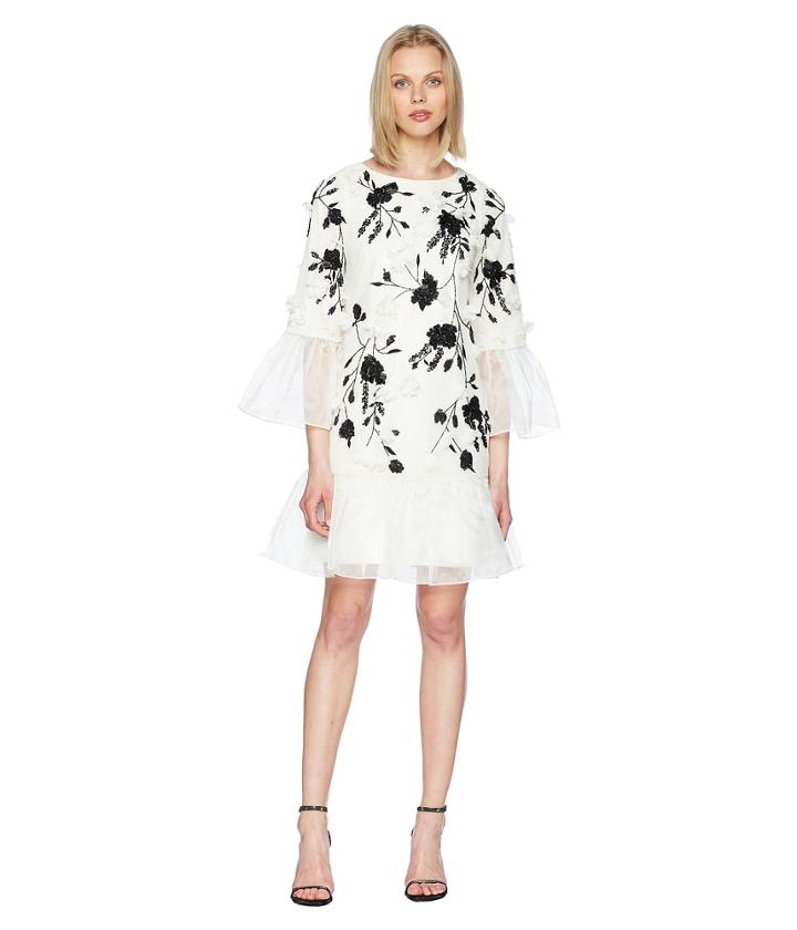 Marchesa Notte - 3/4 Sleeve All Over Beaded Tunic W/ 3d Flowers And Organza Ruffles