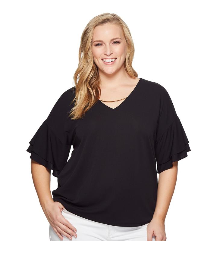 Calvin Klein Plus - Plus Size Double Ruffle Short Sleeve Top With Chain