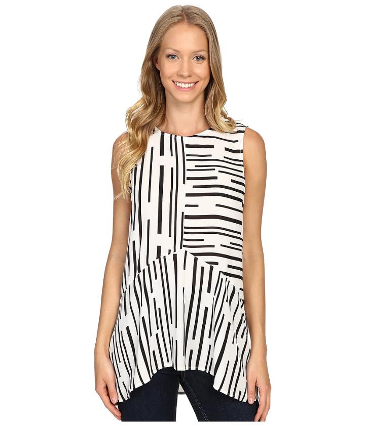 Vince Camuto - Sleeveless Linear Geo Ruffle Front Blouse