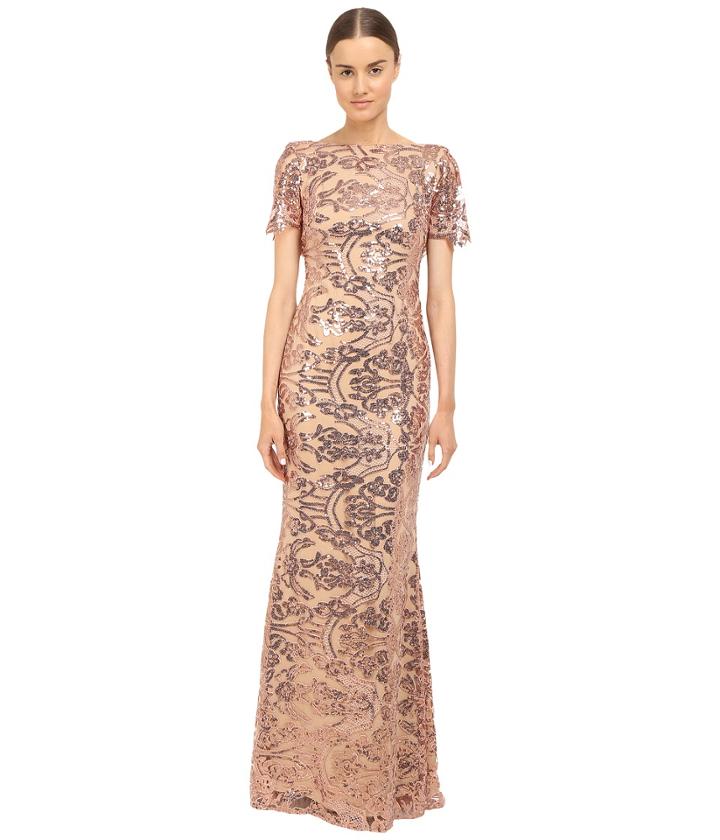 Marchesa Notte - Sequin Short Sleeve Gown W/ Cowl Back