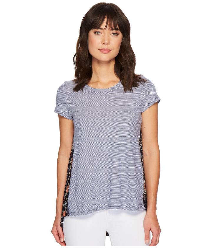 Mod-o-doc - Micro Stripe Short Sleeve T-shirt W/ Pleated Contrast Back Panel