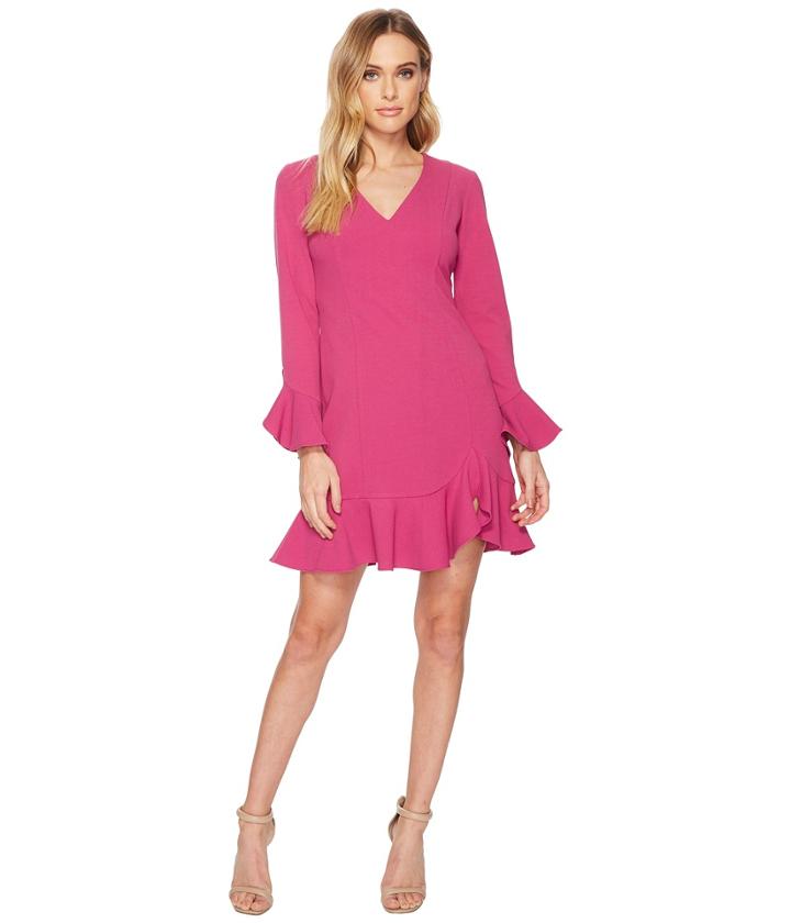 Donna Morgan - Long Sleeve Crepe Dress W/ Ruffle Hem And V-neck
