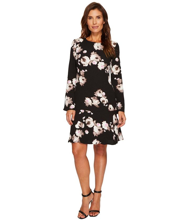 Ellen Tracy - Cloque Long Sleeve Flounce Dress