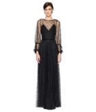 Marchesa Notte - Bishop Sleeve Glitter Tulle Gown With Lace And Velvet Trims