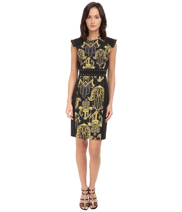 Versace Collection - Black And Gold Patterened Dress W/ Studded Sleeve Detail