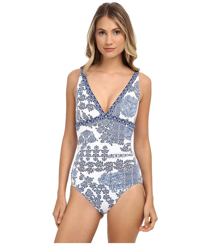 Tommy Bahama - Stamped Medallion Over The Shoulder V-neck Cup One-piece