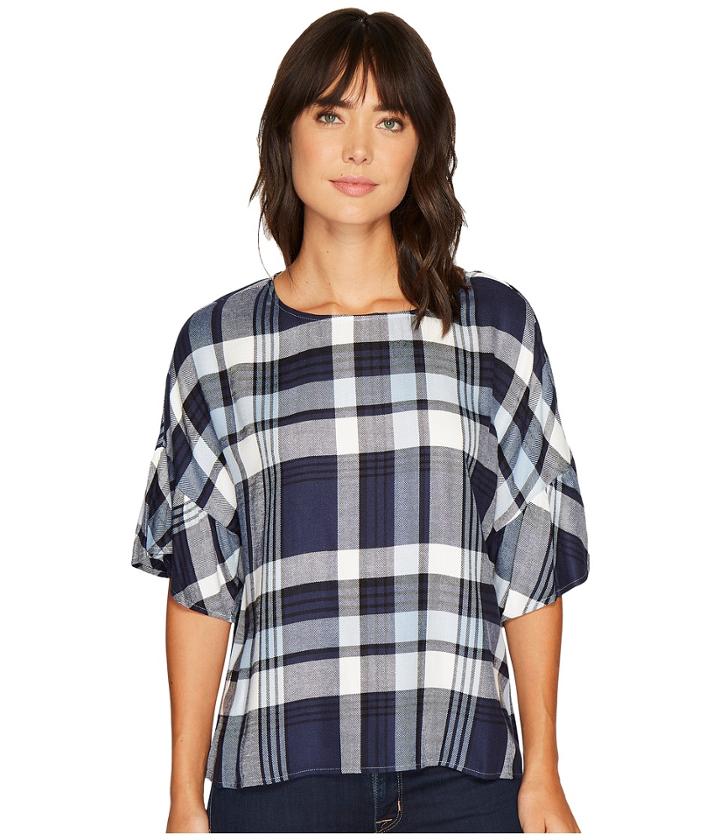 Two By Vince Camuto - Ruffled Short Sleeve Relaxed Broken Plaid Tee