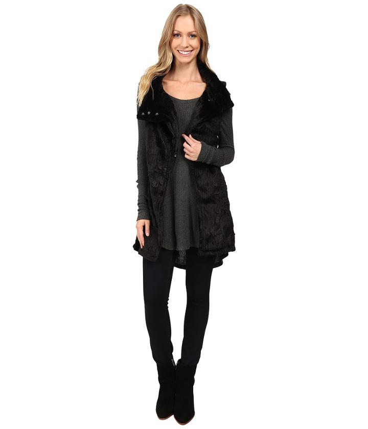 Dylan By True Grit - Plush Faux Black Rose Embossed Fur Long Snap Vest