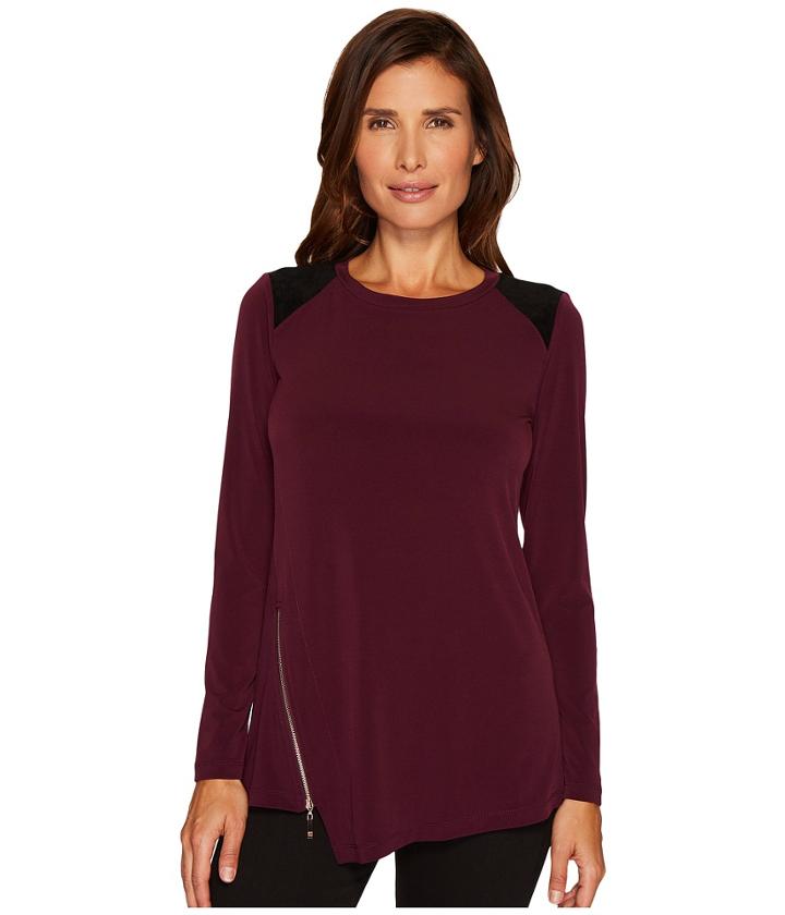 Ivanka Trump - Matte Jersey Long Sleeve Faux Suede Patch Shirt