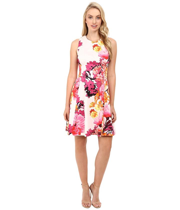 Vince Camuto - Printed Cotton Sateen Sleeveless Fit And Flare W/ Release Pleats